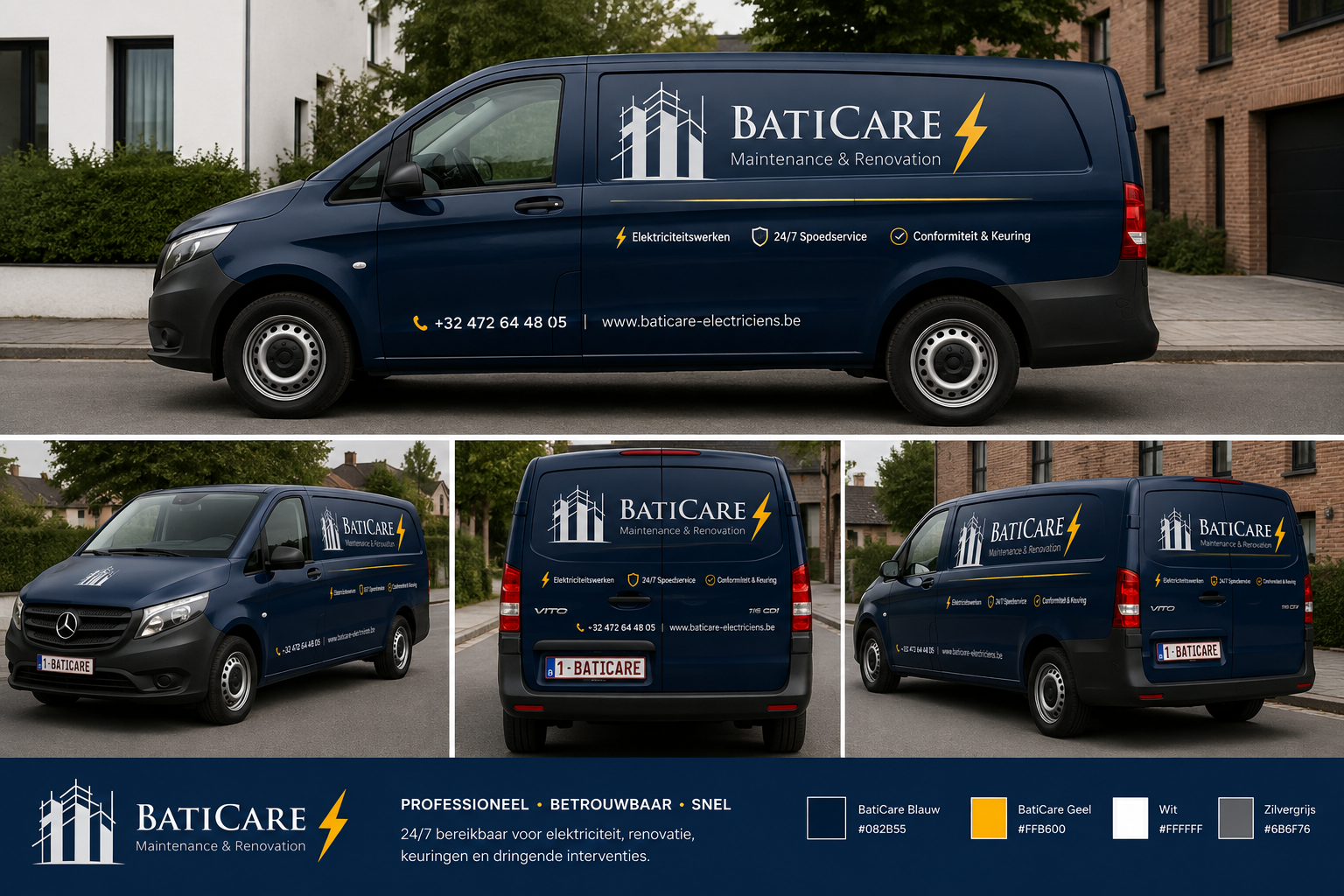 Donkerblauwe branded BatiCare-bestelwagens